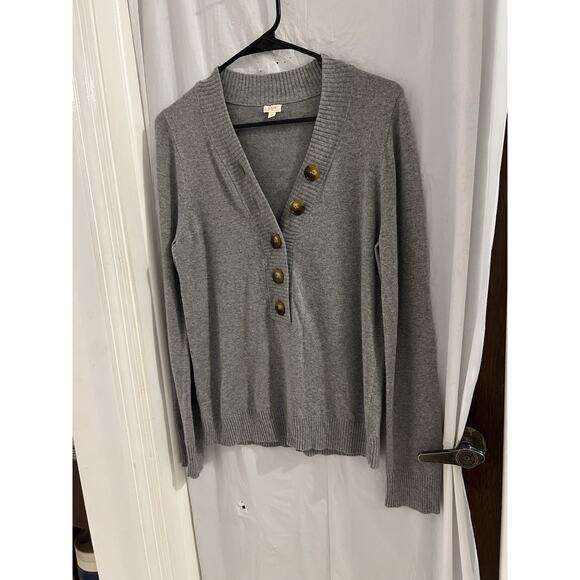 J Crew Factory Gray 1/2 Button Gray Cashmere Wool Blend Sweater Big Buttons Sz L - Picture 1 of 5